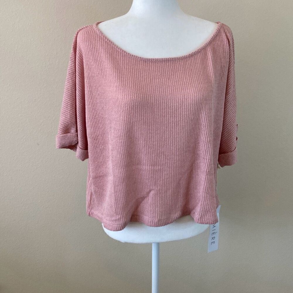 Lumiere Womens Waffle Knit Short Sleeve Top Pink Boxy Scoop Neck NT18183 NEW